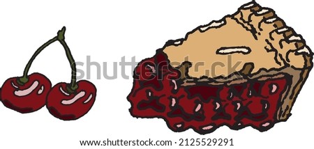 Illustration of cherry pie and cherry on a white background. Sweet pie, pie and ingredient, sweets, berries, ready to use, eps. For your design