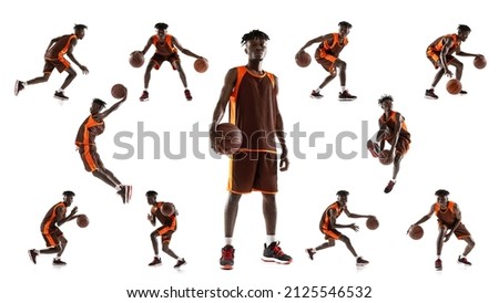 Collage of portrait of professional basketball player in brown uniform playing, training isolated over white background. Concept of professional sport, healthy lifestyle, action. Copy space for ad Royalty-Free Stock Photo #2125546532