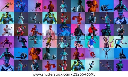 Collage. Portraits of professional athletes of different sports posing, training isolated over multicolored background in neon lights. Concept of sport, active and healthy lifestyle. Copy space for ad