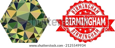 Low-Poly polygonal filled hexagon military camouflage symbol illustration, and Birmingham corroded seal print. Red seal has Birmingham title inside ribbon.