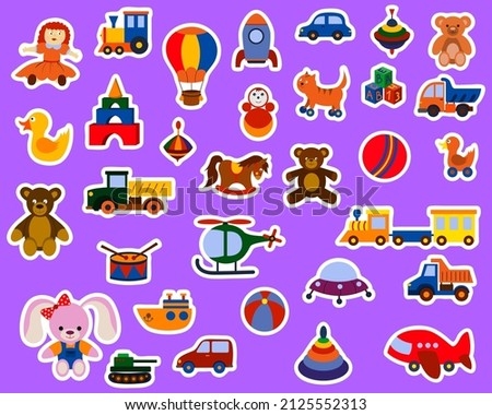 a set of funny stickers for children's toys. collection of vector illustrations of children's toys. for a baby shower or a scrapbook or for icons with doodles