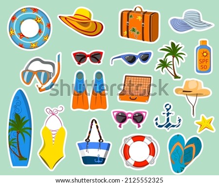 A set of stickers for cutting out. Vector illustration of beach holiday items.