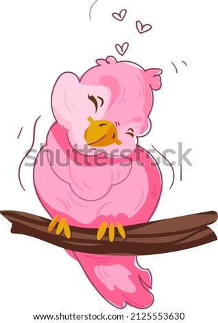 A little pink bird in love on a branch. Nice illustration. Postcard.
