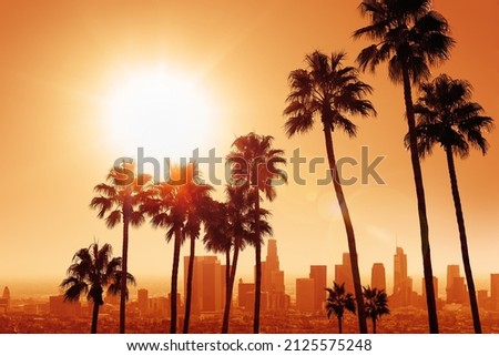 the skyline of los angeles with palm trees during sunrise