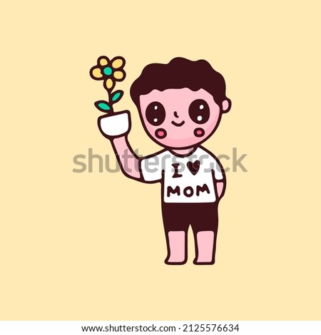 Cute little boy with sunflower cartoon. Perfect Nursery children, kids, greeting.