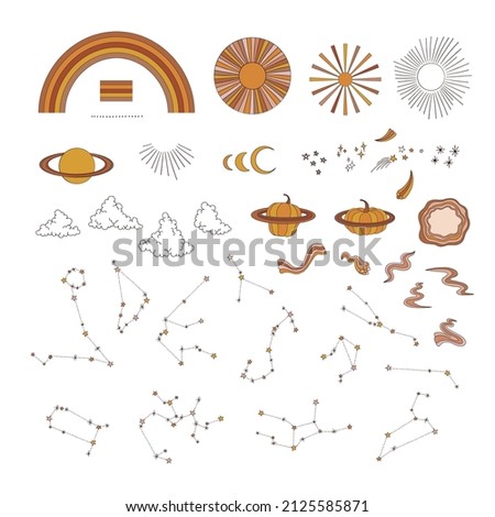 Groovy Rainbow Sun Moon Stars Clouds Pumpkin planet Constellation vector illustration set isolated on white. Celestial aesthetic print collection for Halloween or tee shirt print.