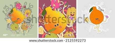 Tamarind, jackfruit, dragon fruit, tangelo, durian. Funny characters.  Set of vector illustrations. Doodle style. Painted, colorful fruit with outlining. Sticker, poster , background image for label.