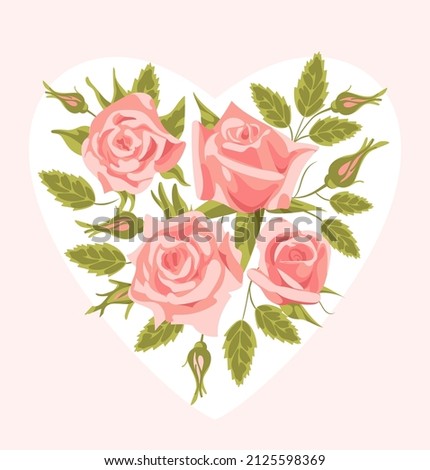 A bouquet of pink flower in the shape of a heart. Realistic style, roses, vintage. For Valentines Day, weddings, design elements, prints on fabric