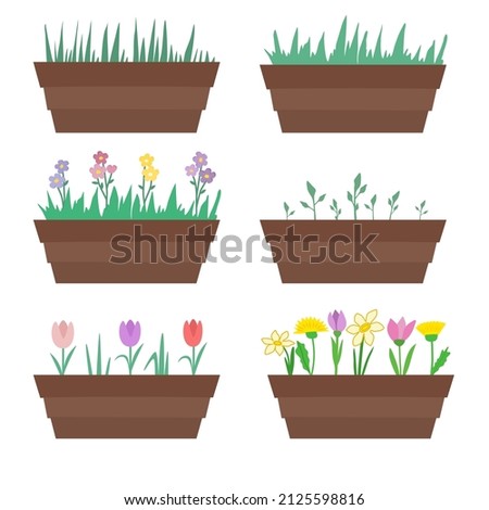 Set of pots with flowers and seedlings. Vector illustration.