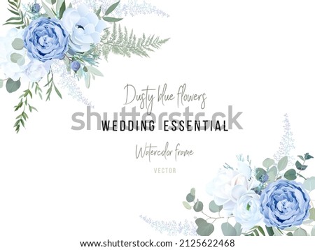 Dusty blue rose, white hydrangea, ranunculus, anemone, eucalyptus, greenery, juniper, brunia vector design frame. Wedding seasonal flower card. Floral  watercolor composition. Isolated and editable Royalty-Free Stock Photo #2125622468