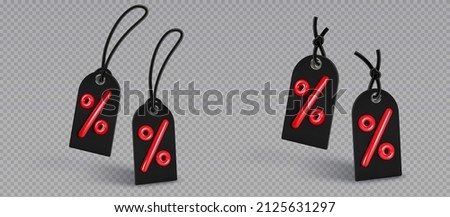 Price tags with percent and cord. Discount label or sale tag. Special offer, promotional sale badge. Paper sticker.