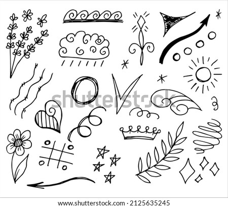 Hand drawn collection of different doodle elements for design concept. Arrows, waves, broken lines, drops, circles, curly squiggles, geometric shapes and other abstract objects in the doodle style.
