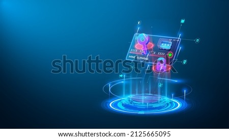 Futuristic glowing credit card, on a blue background, hologram. Online payment, protection, security. Can be used for a web banner. Secure payment, payment protection concepts. Credit card with lock Royalty-Free Stock Photo #2125665095