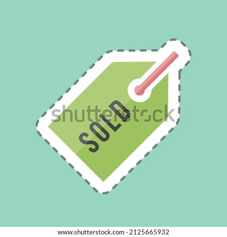 Sold Tag Sticker in trendy line cut isolated on blue background