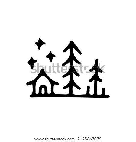 Cabin and forest, illustration for t-shirt, sticker, or apparel merchandise. With doodle, retro, and cartoon style.