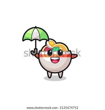 cute noodle bowl illustration holding an umbrella , cute style design for t shirt, sticker, logo element