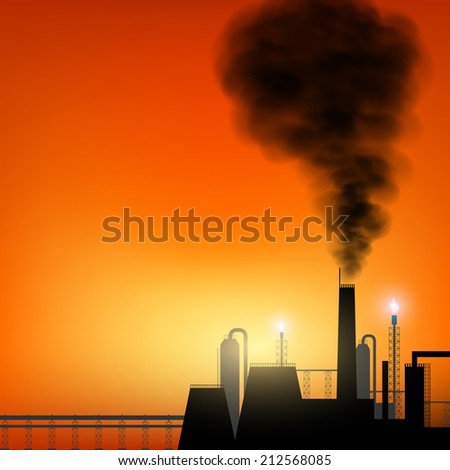 Factory with chimneys and smoke on sunset background