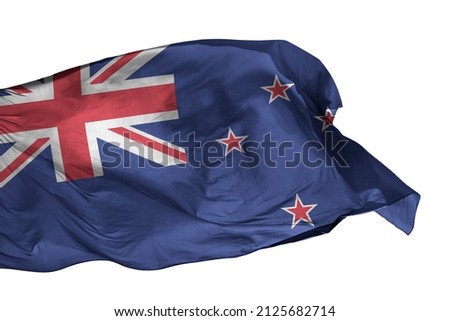 flag of New Zealand. New Zealand's national symbols. New Zealand's flag isolated on a white background. A closeup of the New Zealander flag waving.