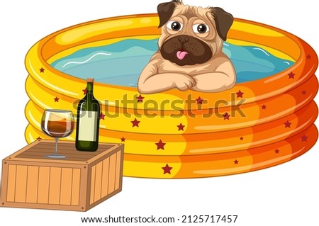 Pug soaking in water drinking wine illustration