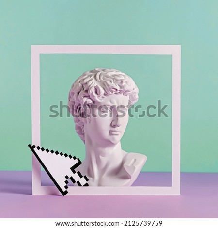 Framed white bust of a Greek or Roman man in antique style with digital pointer over a green and purple background