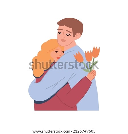 Couple in love hugs. Love relationship of a man and a woman. Taking care of each other. Strong embrace of two partners. Cartoon characters. Hand-drawn vector illustration. All elements are isolated. 
