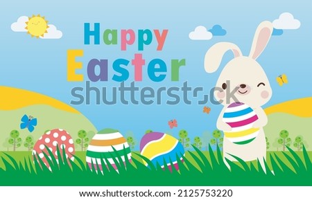 Happy Easter day poster. Little Rabbit Bunny cartoon flat design with greeting card. Easter egg festival background banner template isolated vector illustration