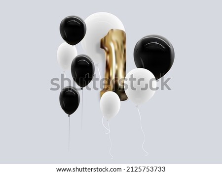 First Anniversary Celebration. Golden number 1 with balloons.Vector holiday illustration.