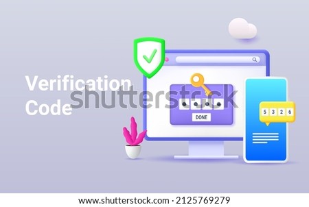 Secure password verification with two-factor authentication. SMS notification with a security code on a smartphone, 2fa, checking the entrance on the site. Vector 3d illustration. Royalty-Free Stock Photo #2125769279
