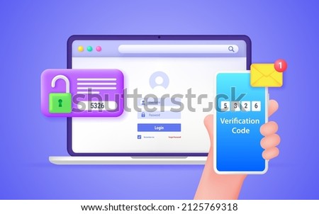 Secure password verification with two-factor authentication. SMS notification with a security code on a smartphone, 2fa, checking the entrance on the site. Vector 3d illustration. Royalty-Free Stock Photo #2125769318