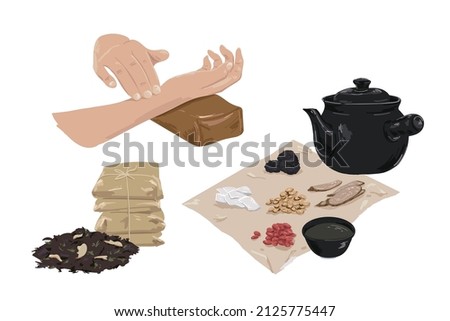 Traditional Chinese Medicine, collection of natural raw herbal ingredients vector illustration Royalty-Free Stock Photo #2125775447