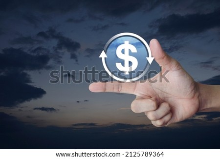 Money transfer flat icon on finger over sunset sky, Business currency exchange service concept