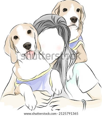 Vector art of a girl with couple beagle dog cute puppy