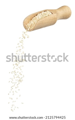 sesame seeds falling from wooden spoon isolated on white background Royalty-Free Stock Photo #2125794425