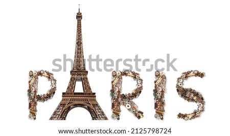 the eiffel tower with mechanical letters and the word paris