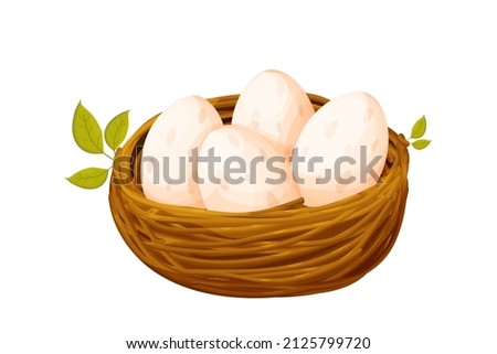 Bird nest from sticks with eggs decorated with leaves in cartoon style isolated on white background. Spring clip art, nestling. new life.