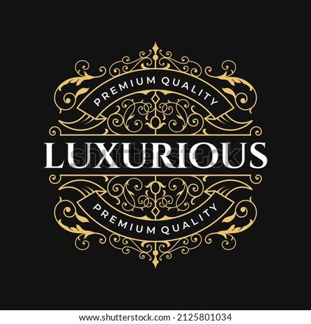 Vintage luxury ornamental logo with floral ornament. Flourishes frame. Antique label suitable for whiskey label, wine, beer, brewing, salon, shop, boutique, hotel, etc. Royalty-Free Stock Photo #2125801034