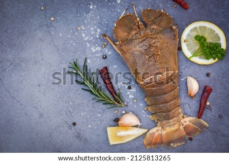Raw flathead lobster shrimps with herbs and spices, fresh slipper lobster flathead for cooking on dark background in the seafood restaurant or seafood market, Rock Lobster Moreton Bay Bug