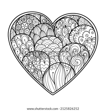 Hand drawn doodle heart coloring page. Black and white Valentine’s Day pattern for antistress coloring book. Love mandala. Vector illustration