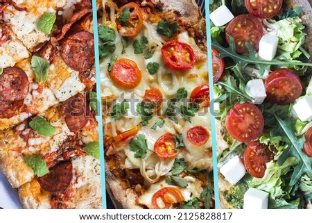 Vertical collage of photos of different pizzas with meat, vegetables and cheese.