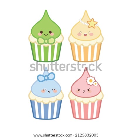 illustration set of cupcake with cute face.