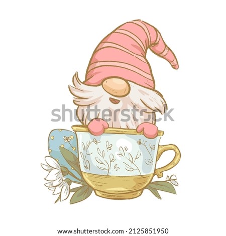 Vector Easter illustration with funny spring gnome sit in tea cup isolated. Hand drawn sketch vintage style. For cards, invitations, prints, banners etc.