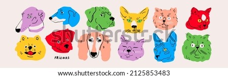 Portraits of various Dogs and Cats. Cute kittens, puppies. Different breeds. Cartoon style, abstract colors. Best friends, home pet concept. Hand drawn Vector illustration. Every head is isolated