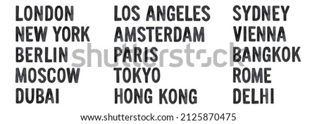 Watercolour illustration collection of various world famous cities lettering. Hand drawn with black ink on white backdrop. Cutout clip art elements for design, banner, stickers, poster, t-shirt print.