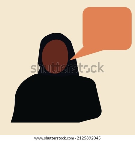 A Minimalist vector illustration of a female with brown skin complexion wearing a black hijab with a empty speech bubble, Hijab dress concept, asking for religious freedom concept, Women's right.