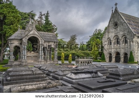 Ancient, beautifully ornate sarcophagus, graves and mausoleum in Glasnevin Cemetery, Dublin, Ireland Royalty-Free Stock Photo #2125892063