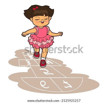 Girl in lace dress jumping playing hopscotch. Vector illustration in cartoon style