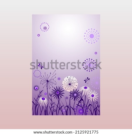 Abstract background in very peri color with dandelions and daisy. Vertical purple banner with place for text