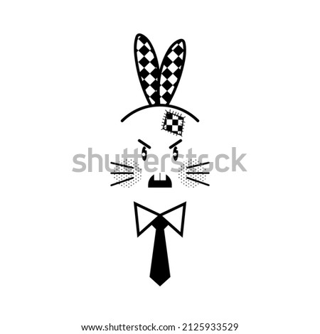 Black and white  cool angry cartoon bunny with  tie. Rabbit face for T-shirt design, greeting card, or poster design, mug,label, and other gift design. Vector EPS 10