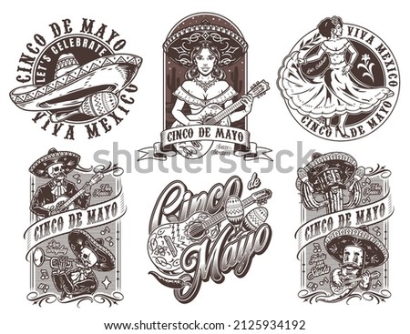 Creative Mexican holiday vintage emblems set with sombrero, maracas, painted guitar, woman in sombrero playing muscial instrument, mariachi skeletons, dancing girl in black and white colors, vector