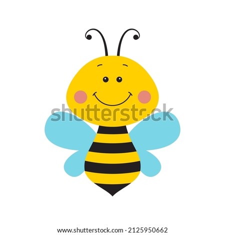 Cute flying bee. Happy smiling cartoon insect isolated on white background. Icon, logo. Vector illustration